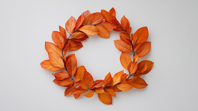 Minimal autumn wreath made from orange dried leaves arranged in a circular frame on a light background, creating seasonal decoration with clean copy space for design projects.
