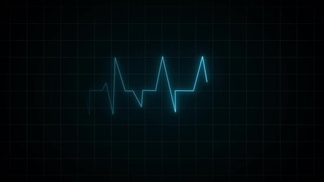 Blue neon heartbeat line pulses rhythmically across a dark tech grid. Medical cardiogram monitor traces the active heartbeat line. Vital health data animates along the heartbeat line.