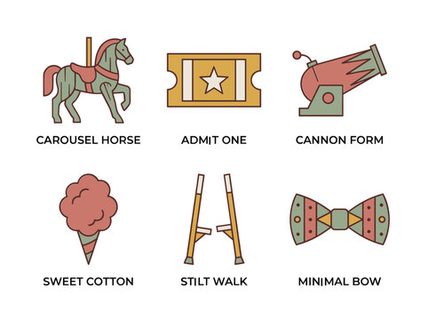 Set of vintage circus and amusement park icons in flat design vector illustration.
