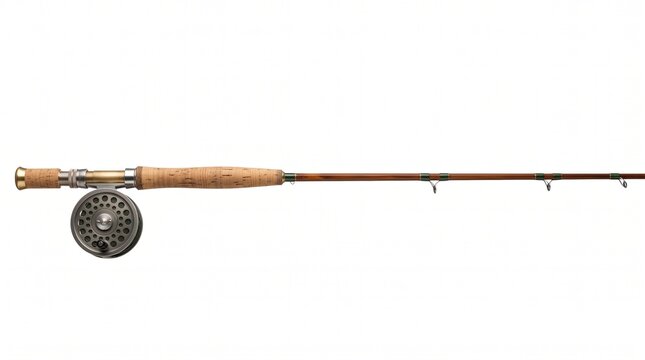 A classic fly fishing rod with a reel. Fishing serves as a peaceful escape for men to improve mental health and reduce stress. Ideal for wellness campaigns or outdoor hobby articles.