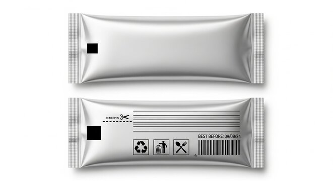 Blank metallic food stick sachet mockup with tear notch and barcode in high quality 3D render for custom product packaging branding design