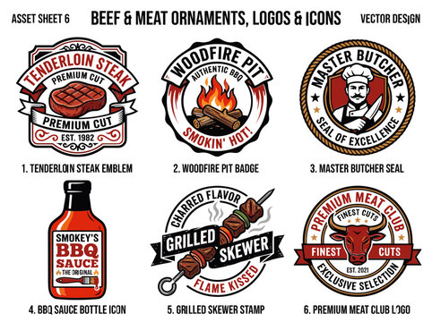 Set of vintage beef and meat ornaments, logos, emblems, badges, and icons for barbecue and butcher shop design.