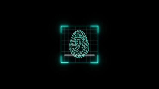Futuristic fingerprint scan interface features a cyan neon grid and laser line. Biometric authentication verifies the fingerprint scan. Digital identity protection runs the fingerprint scan.