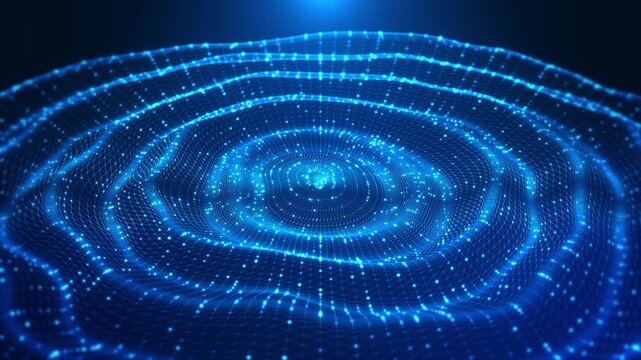 Dynamic blue neural mesh expands in concentric waves to represent generative AI, machine learning, inference, quantum research, intelligent computing and complex digital information systems.