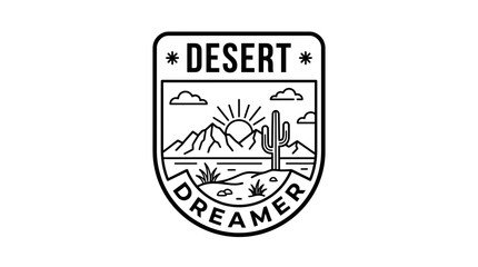 Fototapeta premium Minimalist desert dreamer badge illustration featuring cactus mountains and sunset lines on a clean white background