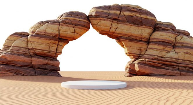 Empty white product podium display stand centered in front of a natural sandstone rock arch in a desert sand dune landscape