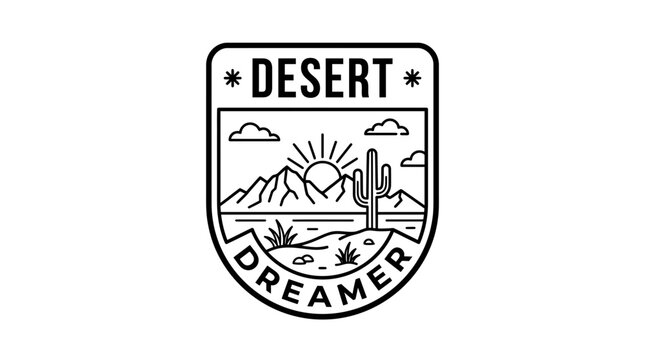 Minimalist desert dreamer badge illustration featuring cactus mountains and sunset lines on a clean white background