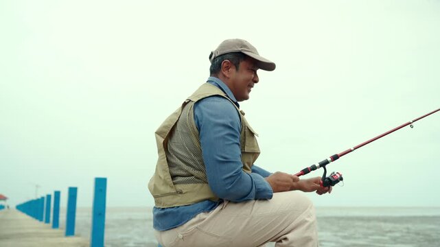 Happy senior man sitting by the sea and fishing with a rod after retirement. Active aging, healthy longevity, outdoor leisure, fulfilling retirement. Life insurance and financial security concept.
