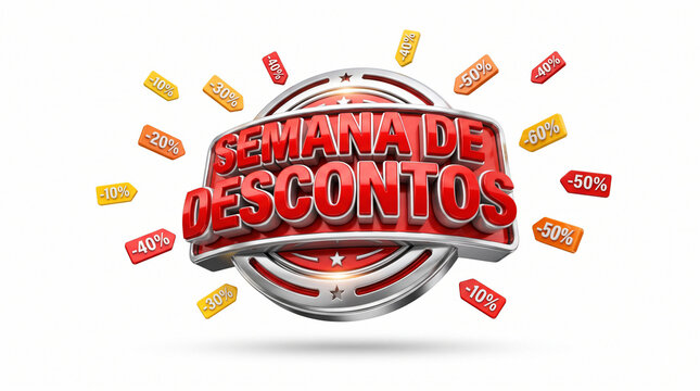 Desconto Semana Logo: A vibrant logo with bold red and silver 3D text announcing SEMANA DE DESCONTOS, surrounded by various discount tags radiating outwards.