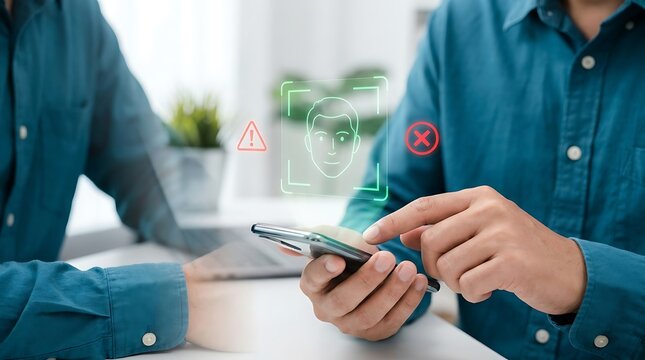 Man using mobile phone experiencing face scan identification failure or security warning system error