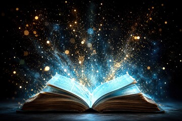 Fototapeta premium Open magic book with sparkling light radiating from pages on mystical dark background.
