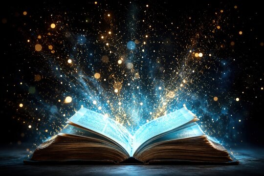 Open magic book with sparkling light radiating from pages on mystical dark background.