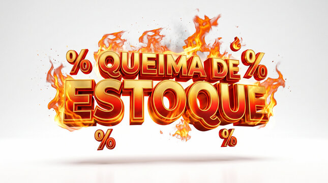 Stock Liquidation Banner: Bold, fiery text proclaims QUEIMA DE ESTOQUE (Stock Liquidation) surrounded by flames and smoke, signaling a significant sale event.