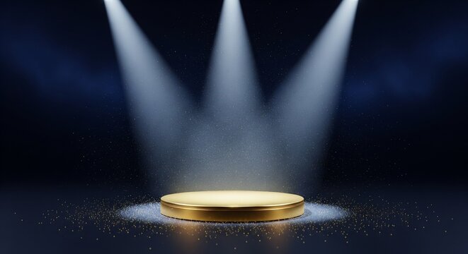 Golden Stage Platform with Triple Spotlight Illumination on Dark Background for Product Display Presentation