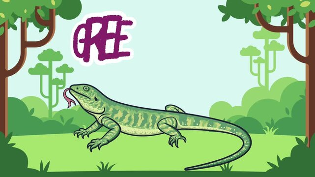 animated video of a green lizard to teach children about animals