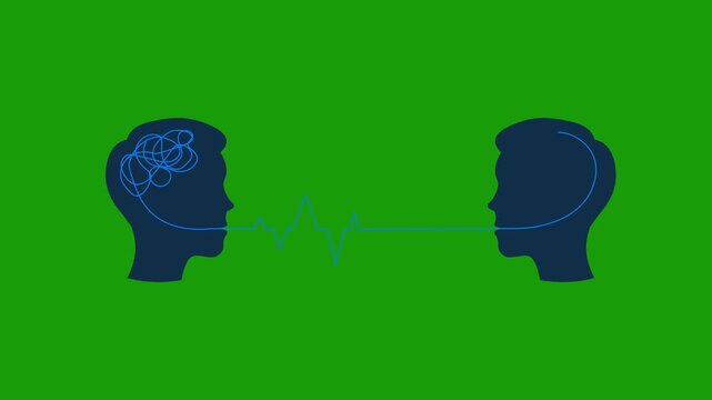  Two heads silhouette profiles with connecting pulse mind wave line animation, transparent alpha channel video