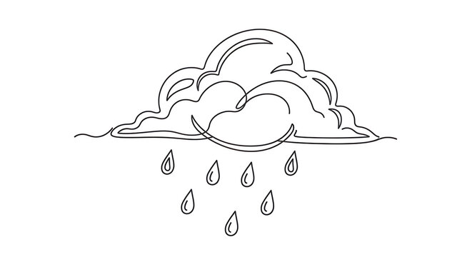 Minimalist Line Drawing of a Cloud with Raindrops Representing Weather Symbols