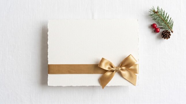 Festive greeting card with golden ribbon and pine sprig, ready for holiday messages