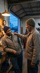 Fototapeta premium Two older African American men talk in a workshop. This scene represents emotional support and men's mental health awareness. Ideal for mental health campaigns and wellness content.