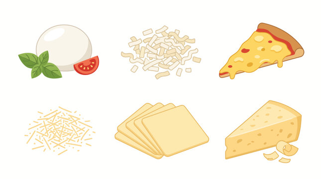 Vector illustration set of various cheese types including mozzarella ball, slices, shredded cheese, and a slice of delicious pizza