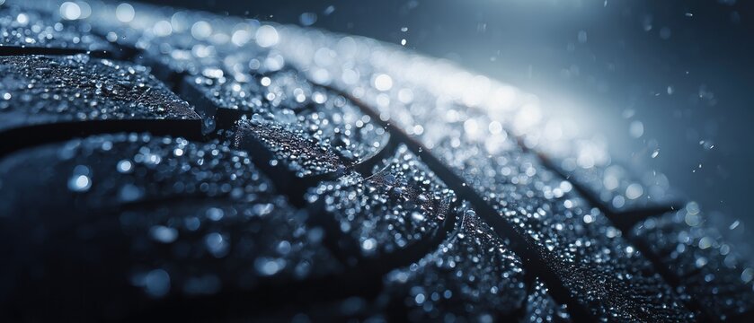 extreme close up of wet car tire tread covered with water drops banner