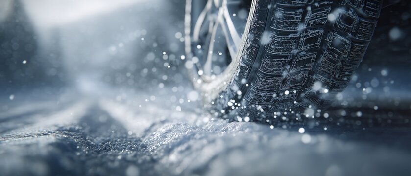 winter tire tread close up driving on fresh snow road macro banner