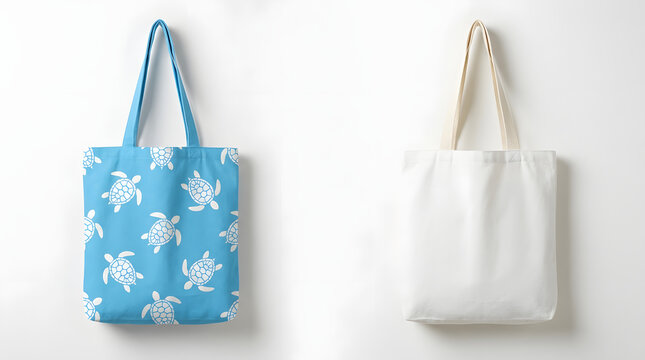 Reusable shopping tote bags hanging against white wall mockup