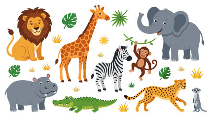 Naklejka premium Cute African Safari Animal Illustration Set with Lion, Giraffe, Elephant, Zebra, Monkey, Hippo, Crocodile, Cheetah, and Wildlife Elements