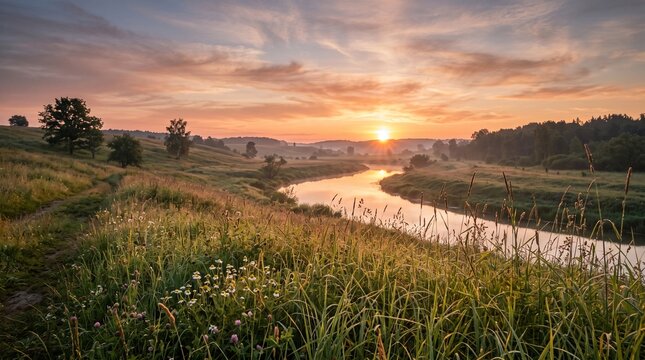 Golden sunrise illuminates a tranquil river valley with rolling hills and lush meadows