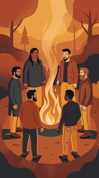 Stylized illustration of a diverse group of men standing in a circle around a campfire in the forest at night, representing a support group or community gathering.