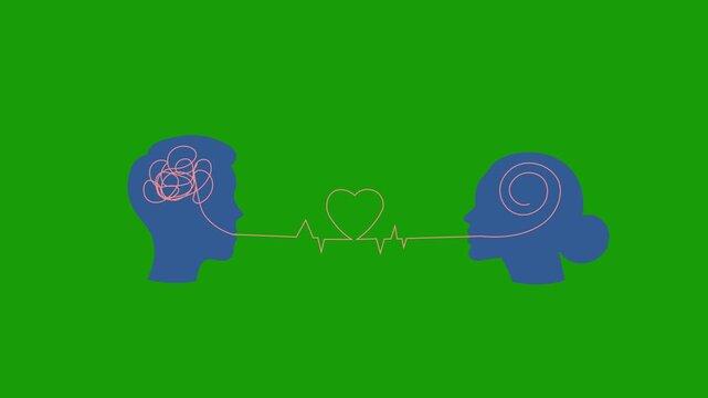 Couple head silhouette profile with connecting heart mind wave line animation, transparent alpha channel video