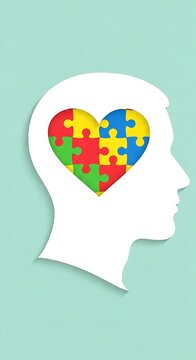 Human head profile with colorful puzzle heart inside on blue background