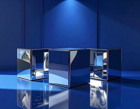 Sleek Blue Stage with Reflective Geometric Cubes and Overhead Lighting