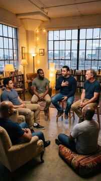 A group of diverse men sits in a circle inside a cozy loft, sharing experiences and listening. The atmosphere is supportive and empathetic. Useful for mental health awareness.