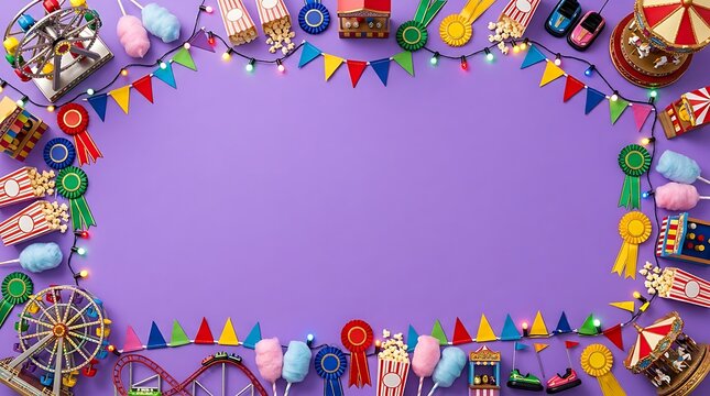 border frame of carnival rides, colorful bunting flags, prize ribbons, popcorn boxes, cotton candy