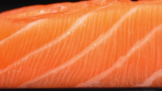 Smooth macro dolly shot of fresh raw salmon fillet showing beautiful fat marbling texture.
