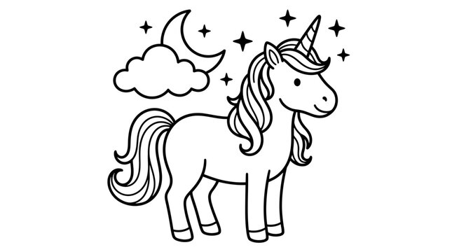 Cute magical unicorn standing under a crescent moon with twinkling stars in simple black line art