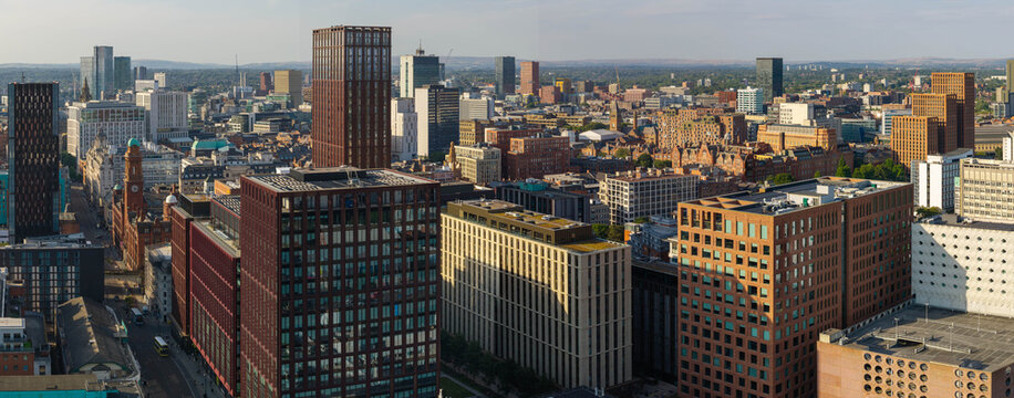 Aerial Panorama of Manchester Cityscape and Oxford Road Skyline