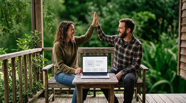 Couple high-fiving while working on a laptop on a porch surrounded by nature