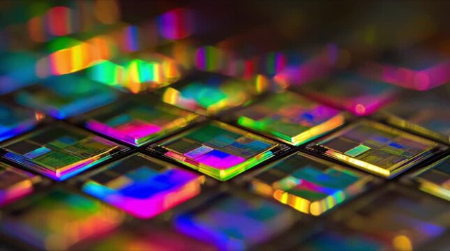 Extreme close up of silicon microchip wafer array with glowing rainbow prism reflections during precision semiconductor manufacturing process (AI Generated)