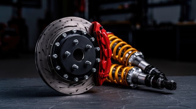 Close-up view of a slotted brake disc with a bright red multi-piston caliper next to yellow coilover suspension shocks in an auto repair workshop.