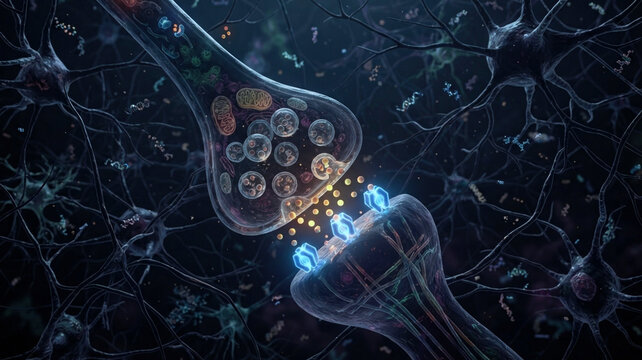 Endocannabinoid signaling between neurons with receptor binding, axon terminals, synaptic vesicles, and clinical trial fragments in a dark neural field.