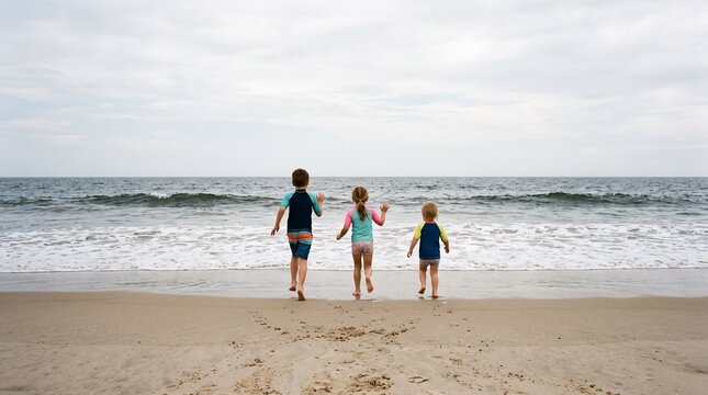 Three young children running towards the ocean waves on a sandy beach