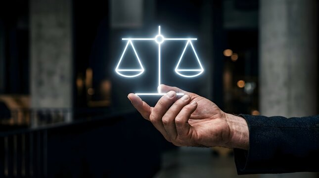 Man holding glowing digital balance scale icon, conceptual justice and law theme.