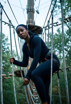 Challenge and determination, young woman on a high ropes course adventure, overcoming obstacles and personal growth