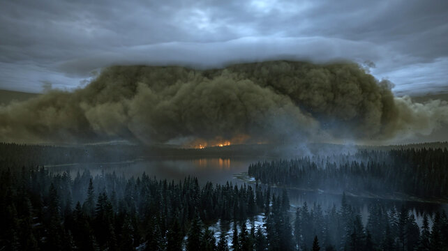 Wildfire smoke inversion over conifer forest with a rolling smoke dome, distant flames reflected in a dark lake, and ash drifting through moonlit clouds.