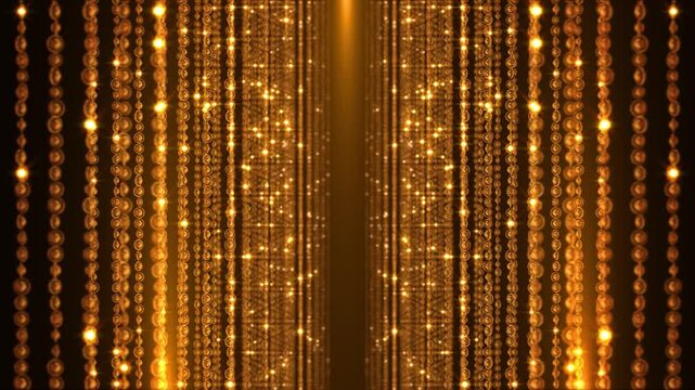 Glowing golden dollar coin fall in repeating vertical streams, creating a luxurious finance animation for money, banking, investment, wealth, economic growth, profit and financial success concepts.