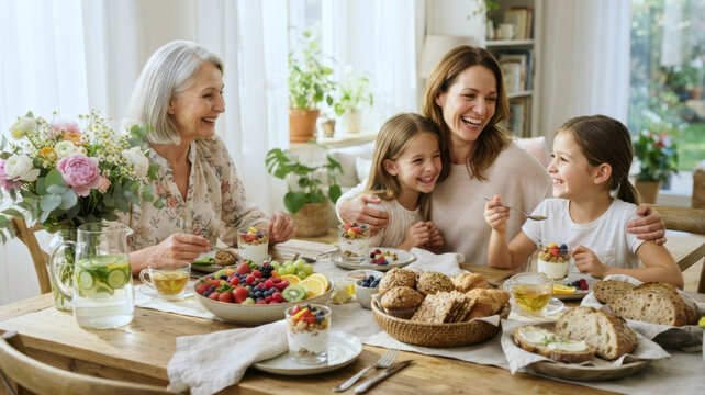 Multigenerational brunch table with fruit, yogurt parfaits, whole-grain pastries, fresh flowers, and sunlight through sheer curtains.