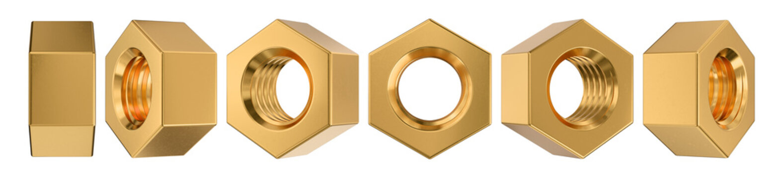 A 3D rendered collection of gold metal hex from various angles. Isolated elements for industrial hardware and construction design.