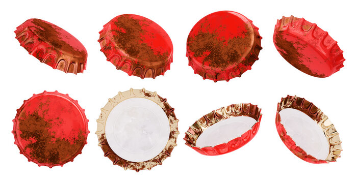 A weathered set of rusty red crown cork bottle caps floating in dynamic angles showcasing distressed grunge textures and aged undersides. 3D Rendering.